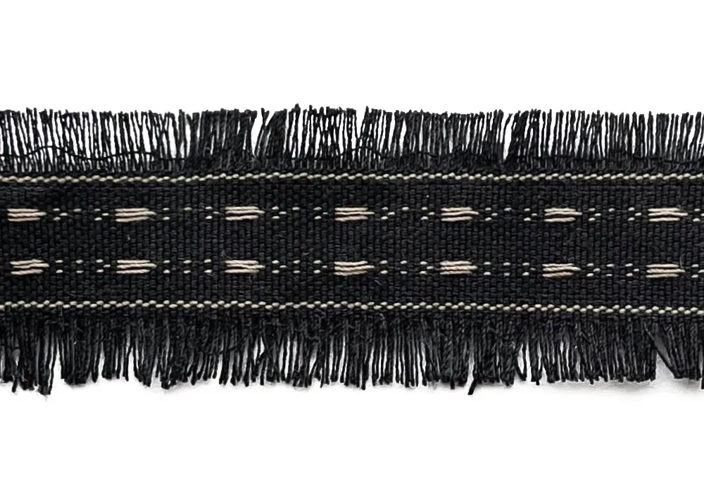 1 1/8" Black & Sand Fringed Embroidered Trim (Made in France)