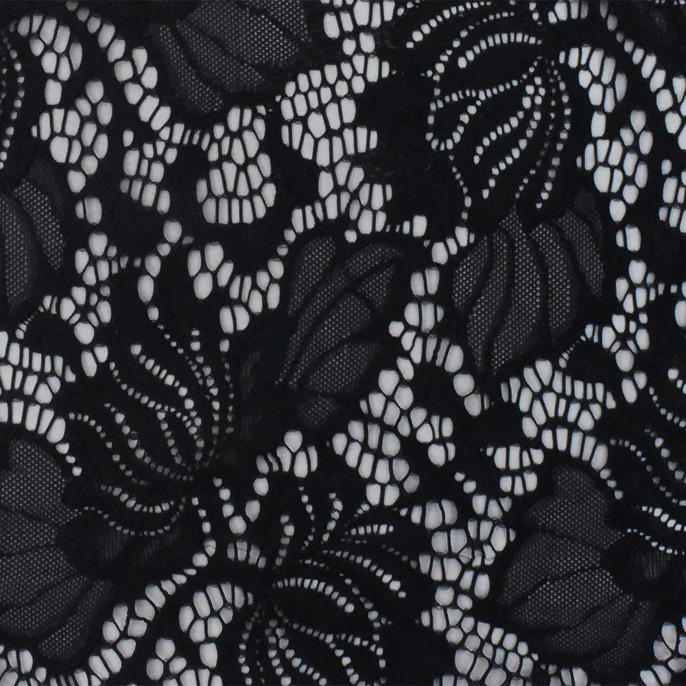 1 3/8 YD PC-Romance Black Floral Stretch Nylon Lace Knit Fabric