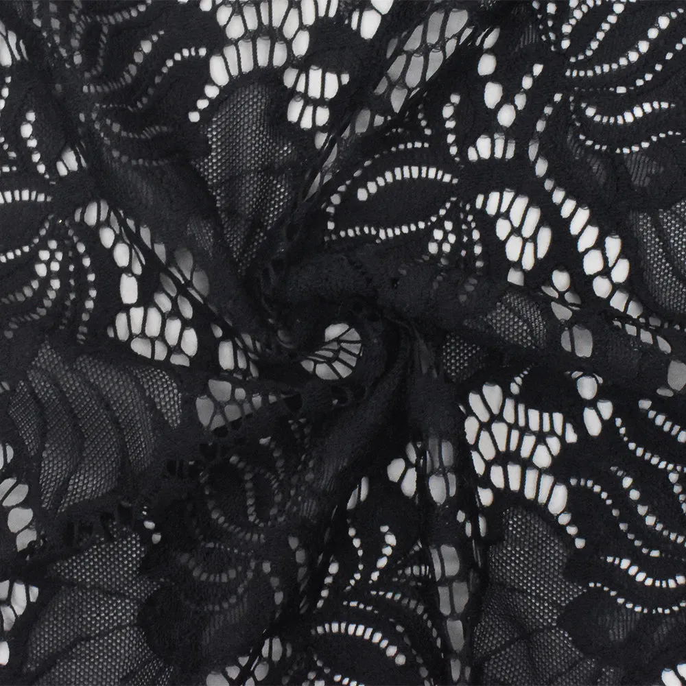 1 3/8 YD PC-Romance Black Floral Stretch Nylon Lace Knit Fabric