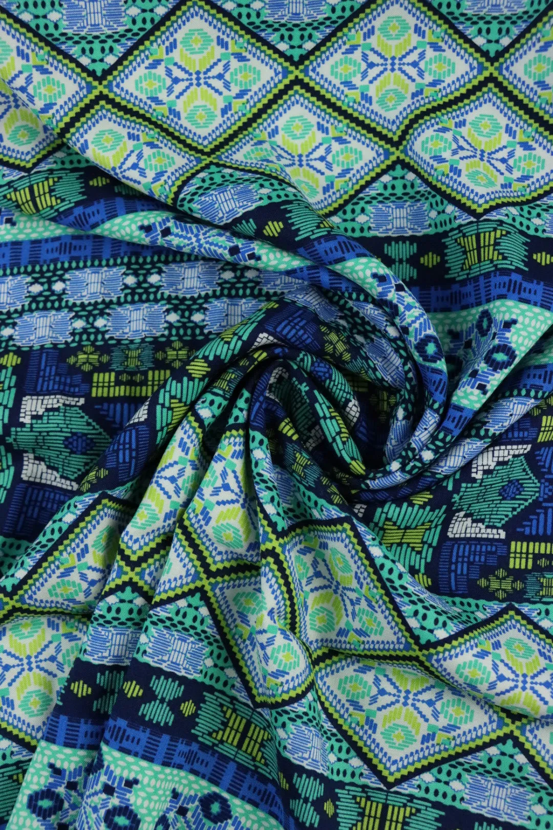 1YD 23IN REMNANT; Summer In Sweden (Blue) Rayon Challis