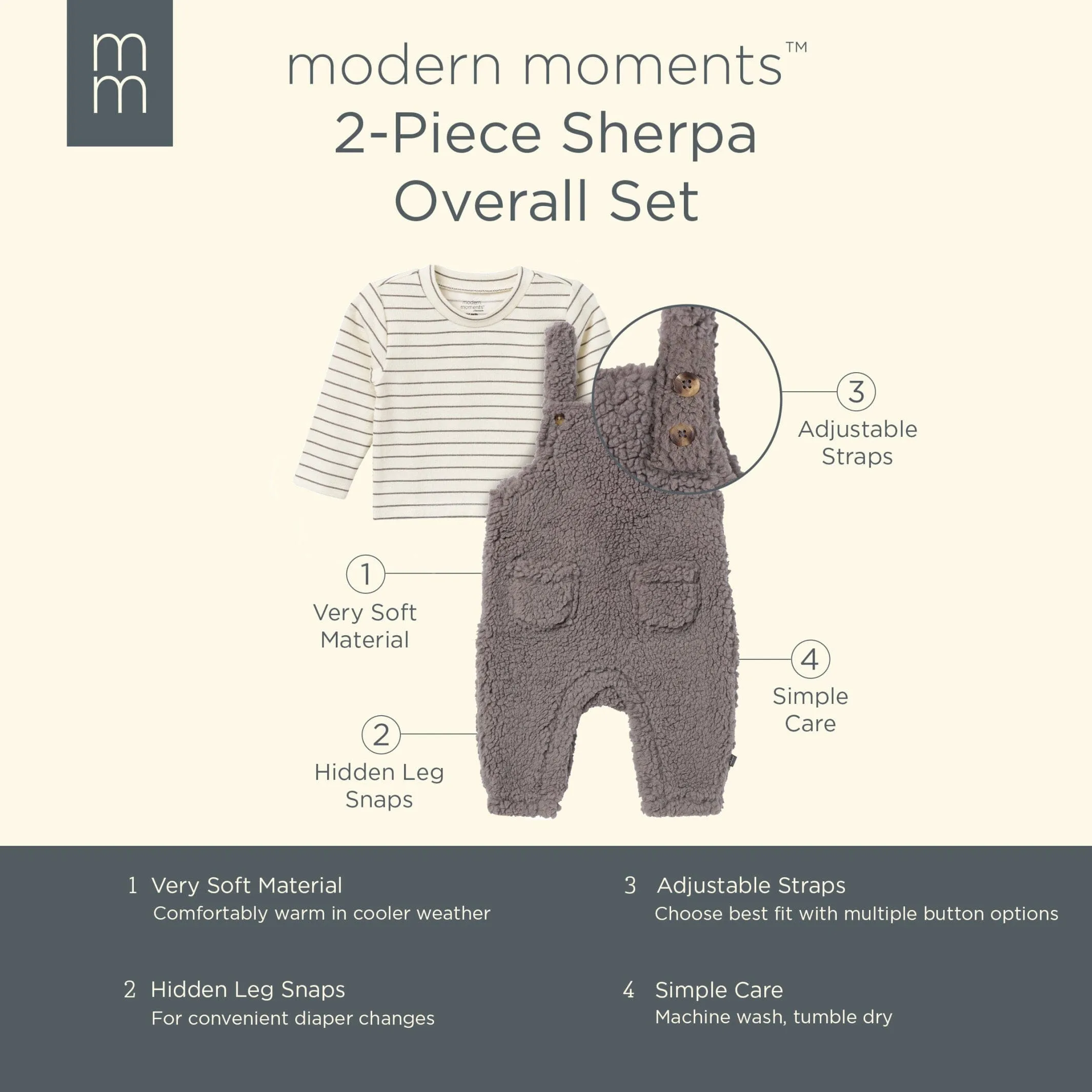 2-Piece Baby Neutral Medium Gray Microplush Overalls