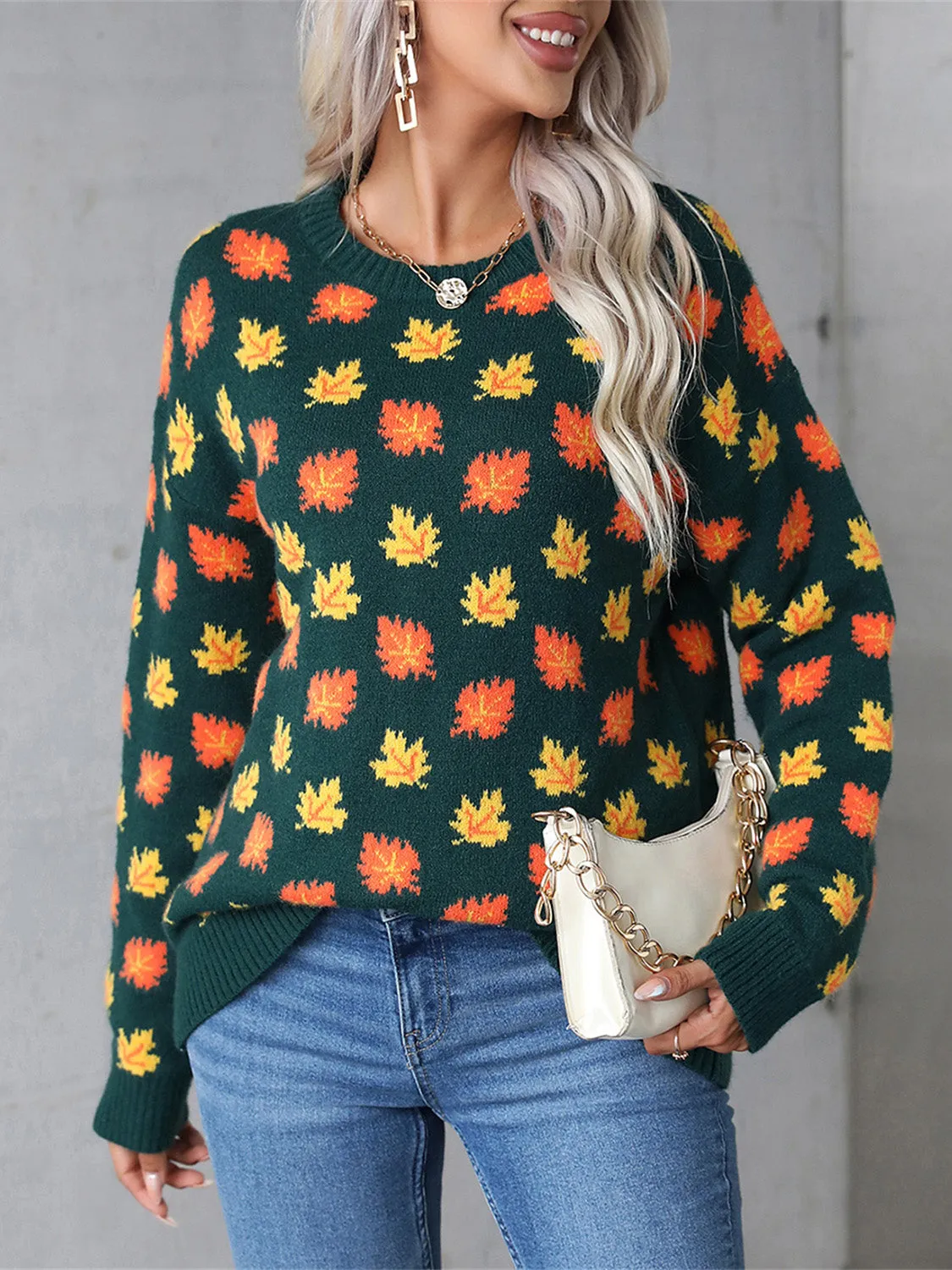 Angel Wings Maple Leaf Round Neck Long Sleeve Sweater