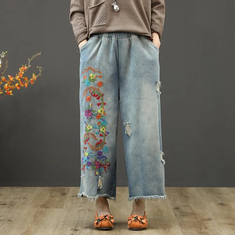 BABAKUD New Loose Retro Embroidery Denim Wide Leg Pants