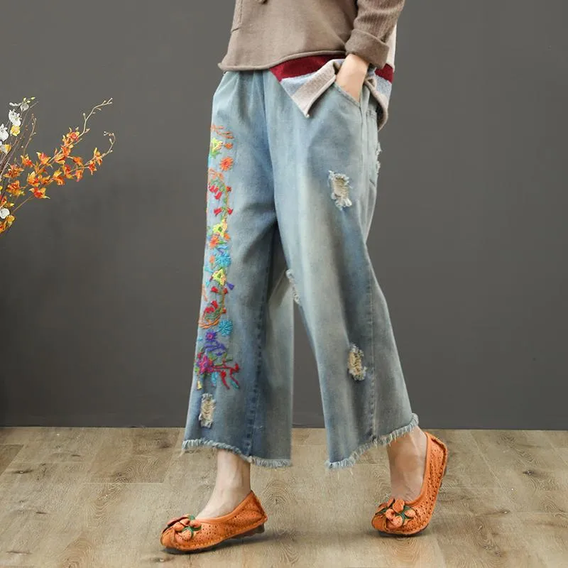 BABAKUD New Loose Retro Embroidery Denim Wide Leg Pants