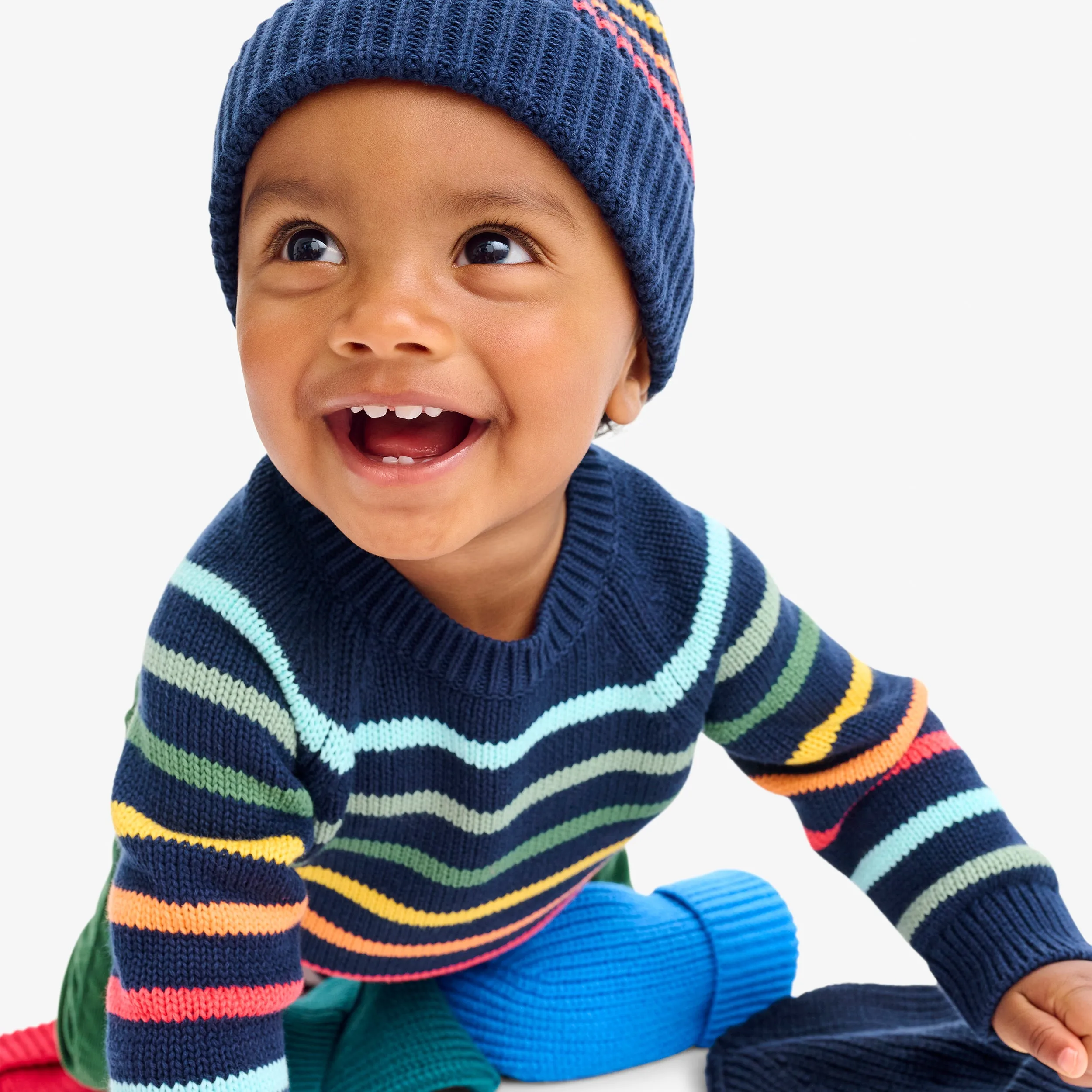 Baby crewneck sweater in rainbow stripe