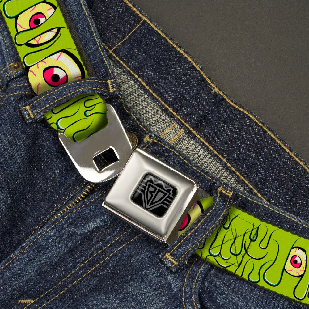 BD Wings Logo CLOSE-UP Black/Silver Seatbelt Belt - Slimy Eye Balls Green/Black/Yellow/Green Webbing