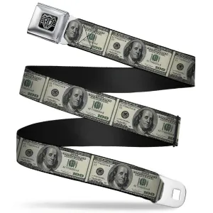 BD Wings Logo CLOSE-UP Full Color Black Silver Seatbelt Belt - 100 Dollar Bills Webbing