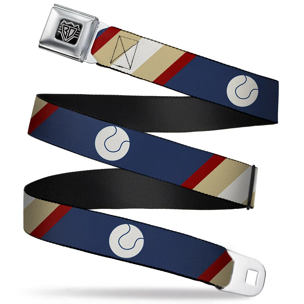 BD Wings Logo CLOSE-UP Full Color Black Silver Seatbelt Belt - Ball/Stripes Tan/Blue/Burgundy Webbing