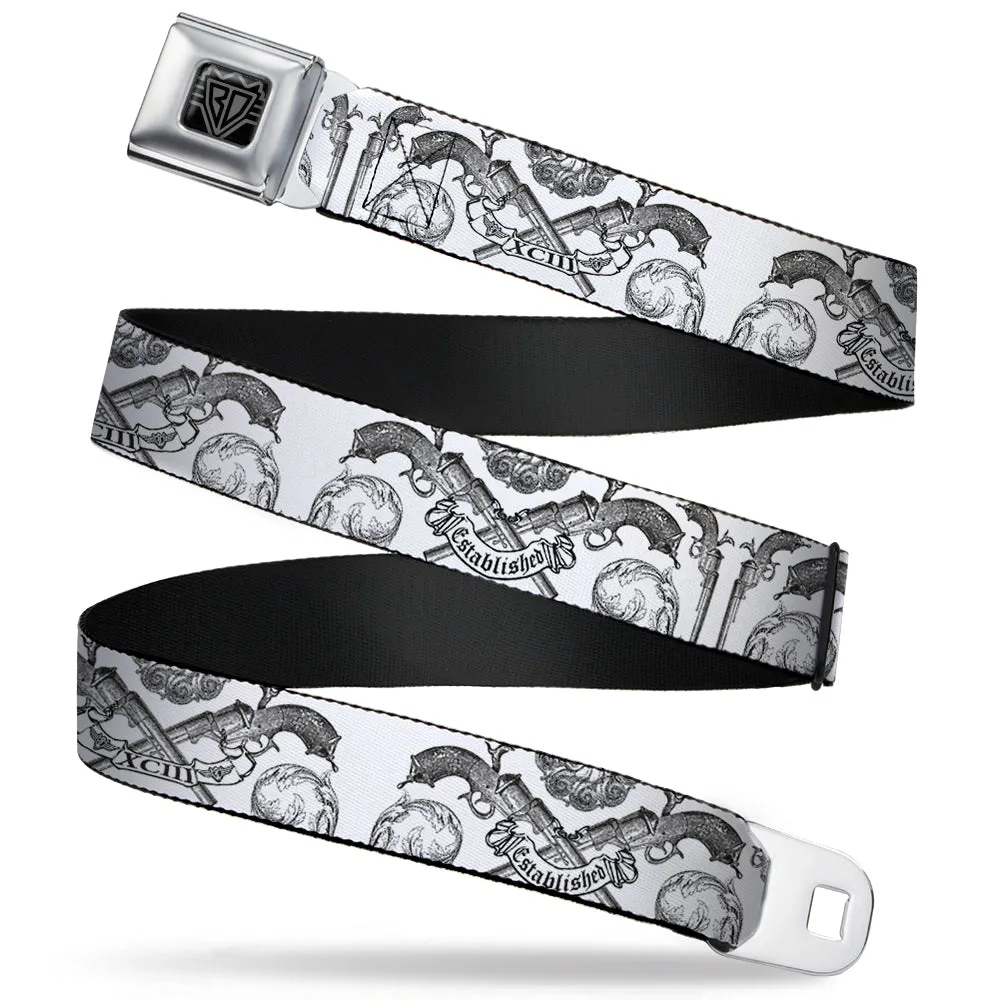 BD Wings Logo CLOSE-UP Full Color Black Silver Seatbelt Belt - BD Est. 93 White Webbing