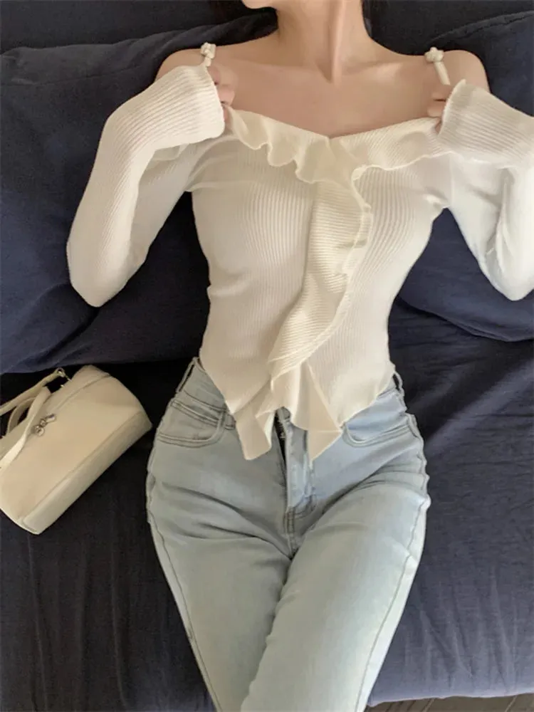 Benuynffy White Ruffle Trim Knit Slim Crop Top Blouse