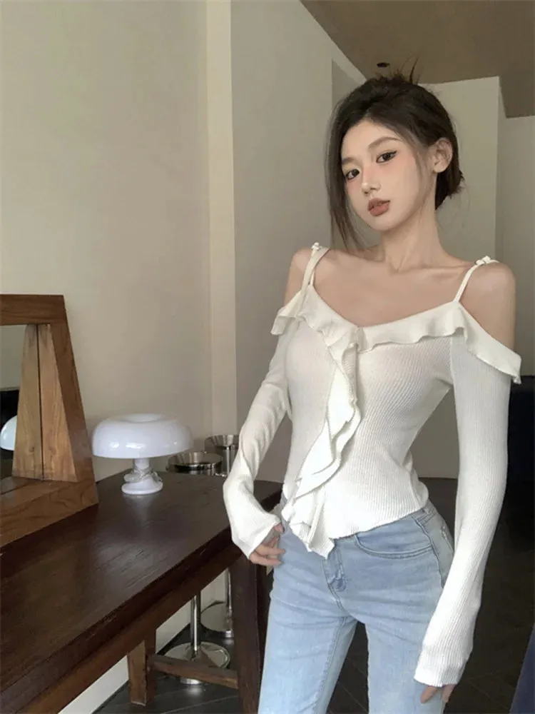 Benuynffy White Ruffle Trim Knit Slim Crop Top Blouse