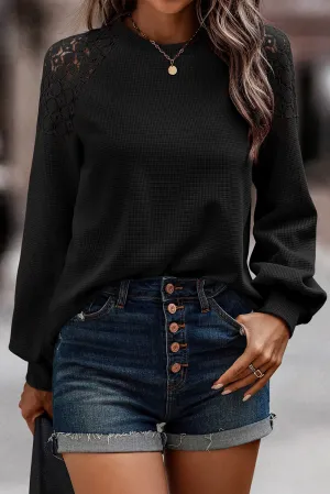 BerryBetty - Black Lace Long Sleeve Textured Casual Top Womens Shirts