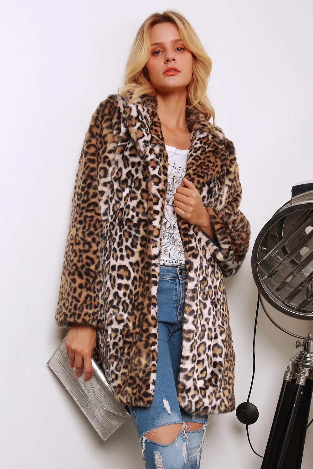 BerryBetty - Brown Leopard Printed Notched Lapel Long Faux Fur Women Coat