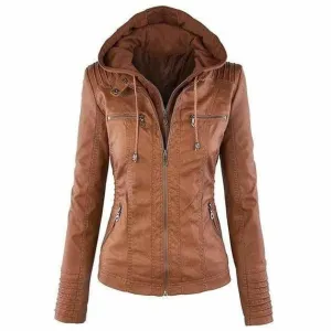 BerryBetty - Casual Hooded Leather Jacket