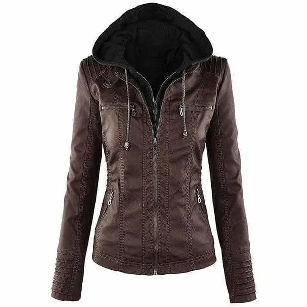 BerryBetty - Casual Hooded Leather Jacket