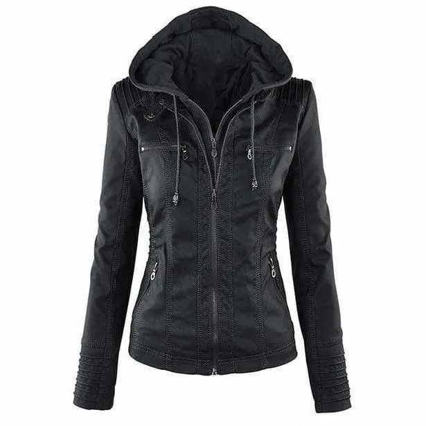 BerryBetty - Casual Hooded Leather Jacket