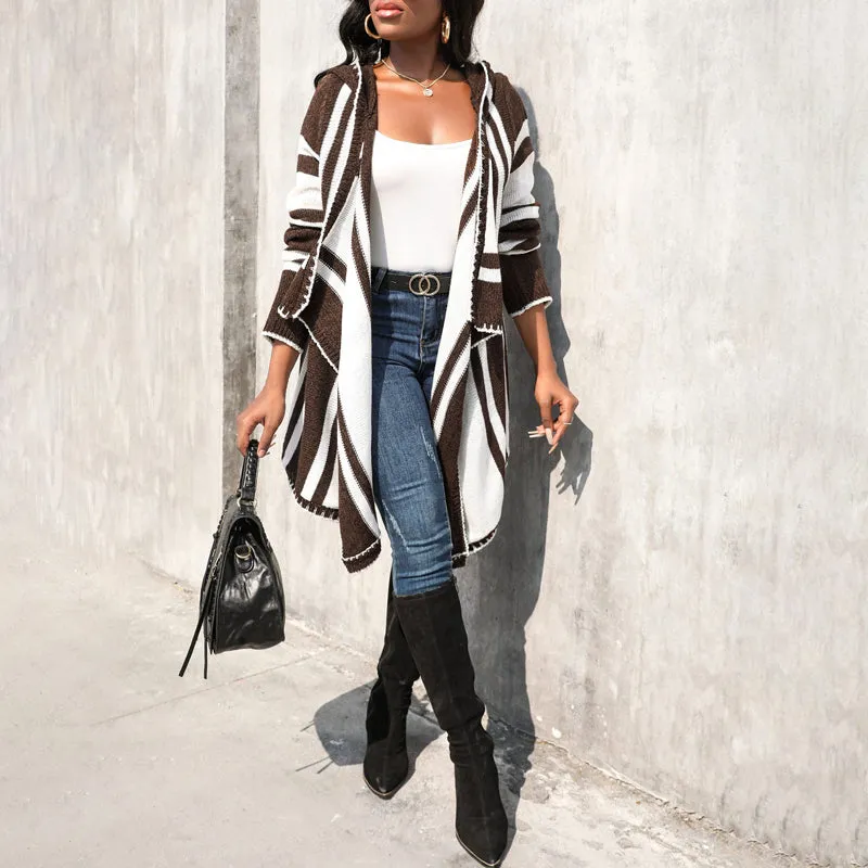 BerryBetty - Casual Striped Hooded Cardigan