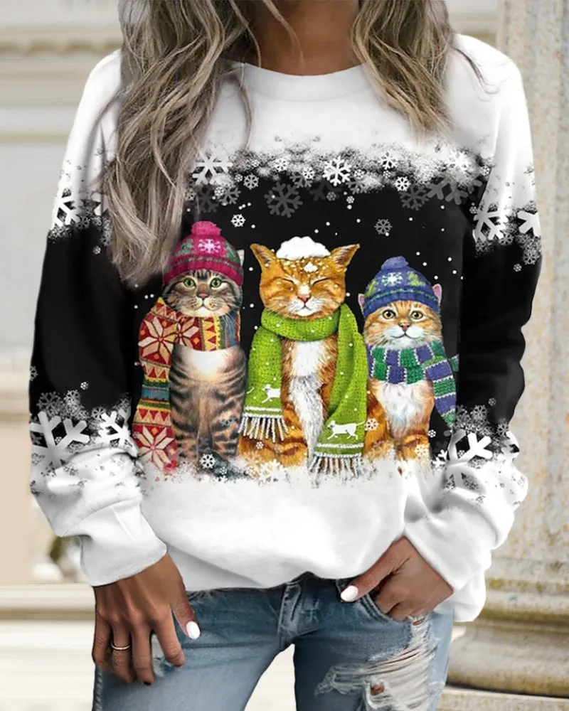 BerryBetty - Cat print round neck sweatshirt