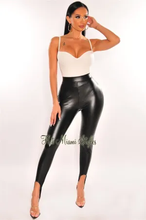 Black Faux Leather High Waist Stirrup Leggings