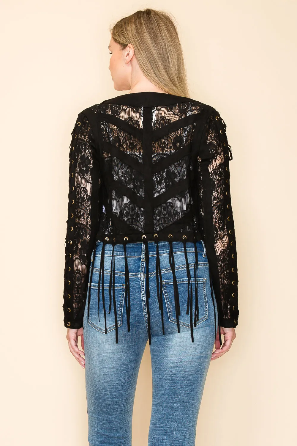 Black Fringed Lace Crop Jacket