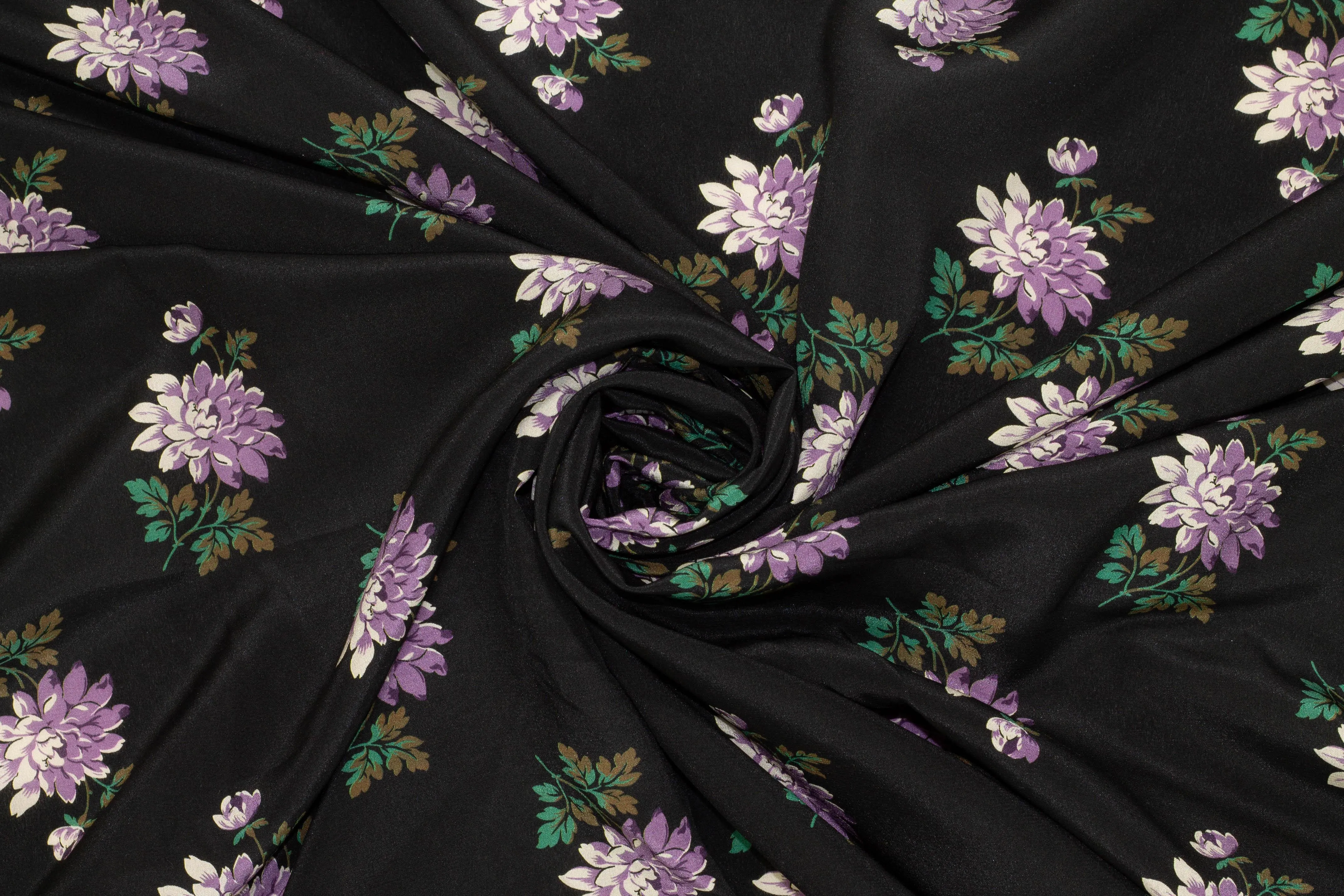 Black, Purple, and Green Floral Silk Crepe De Chine