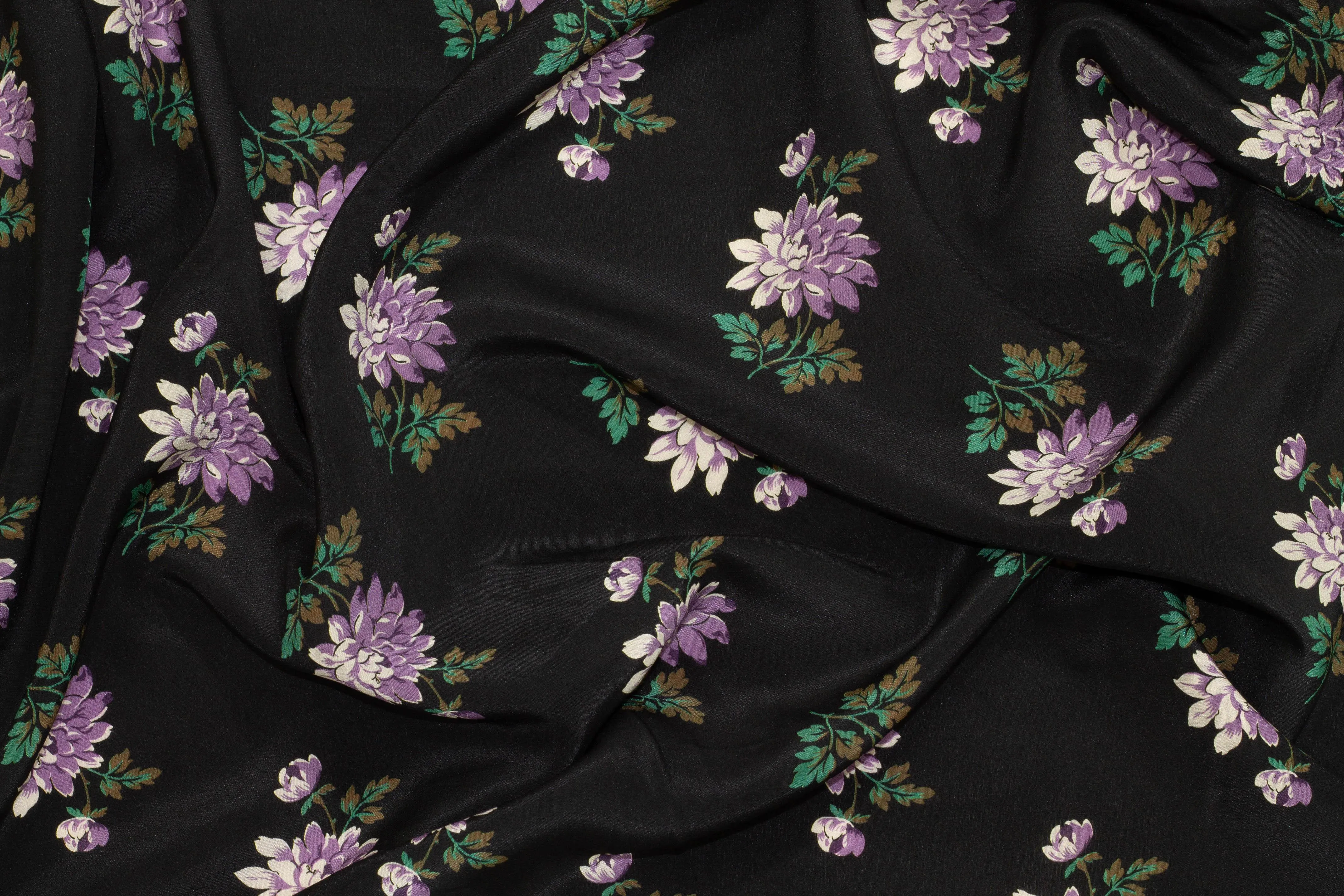 Black, Purple, and Green Floral Silk Crepe De Chine