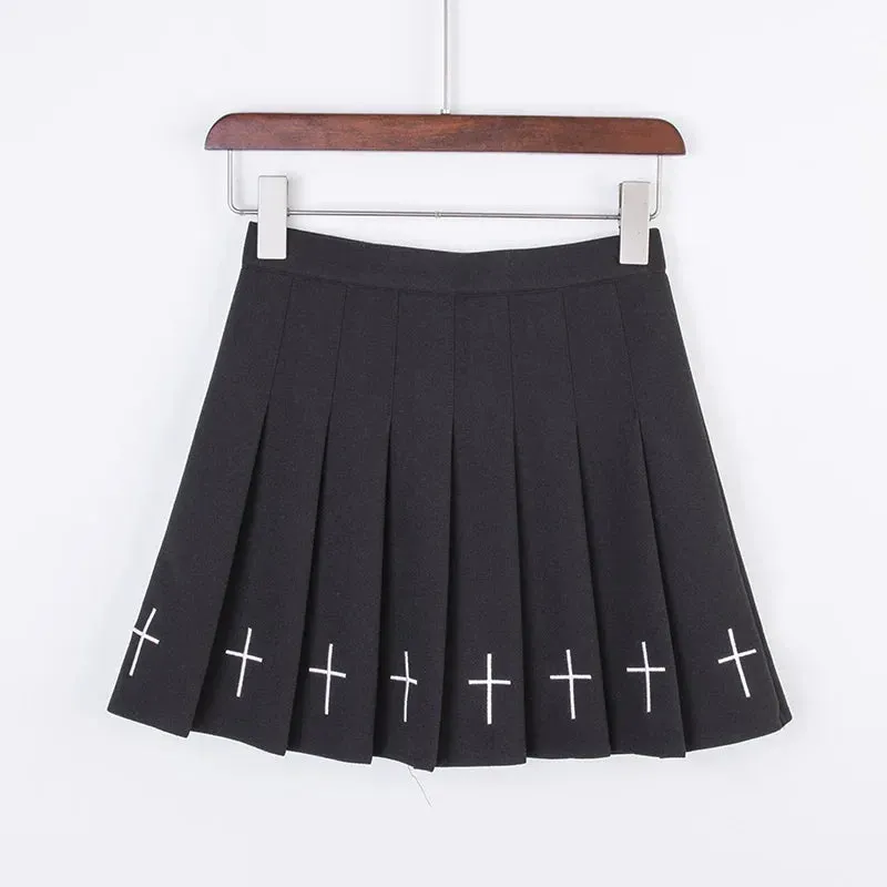 Black Vintage Print High Cross Pleated Streetwear Waist Gothic Skirt