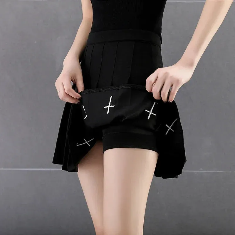 Black Vintage Print High Cross Pleated Streetwear Waist Gothic Skirt