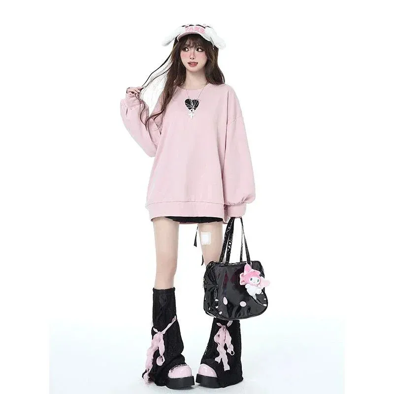 Black/Pink Love Heart Print Lace Up Sweater