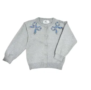 Elegant Bow-Embellished Cardigan with Blue Gems