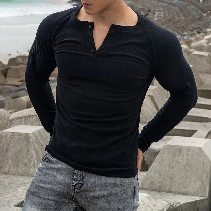 BONSIR  -  Spring Fall Casual Solid Slim Pullover Tees Male Fashion Long Sleeve t shirt Casual Double-plush Elastic Gym Shirts Men Clothing