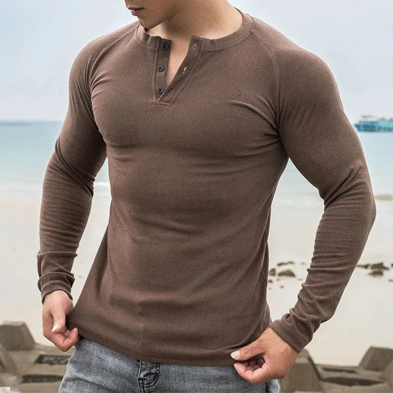 BONSIR  -  Spring Fall Casual Solid Slim Pullover Tees Male Fashion Long Sleeve t shirt Casual Double-plush Elastic Gym Shirts Men Clothing