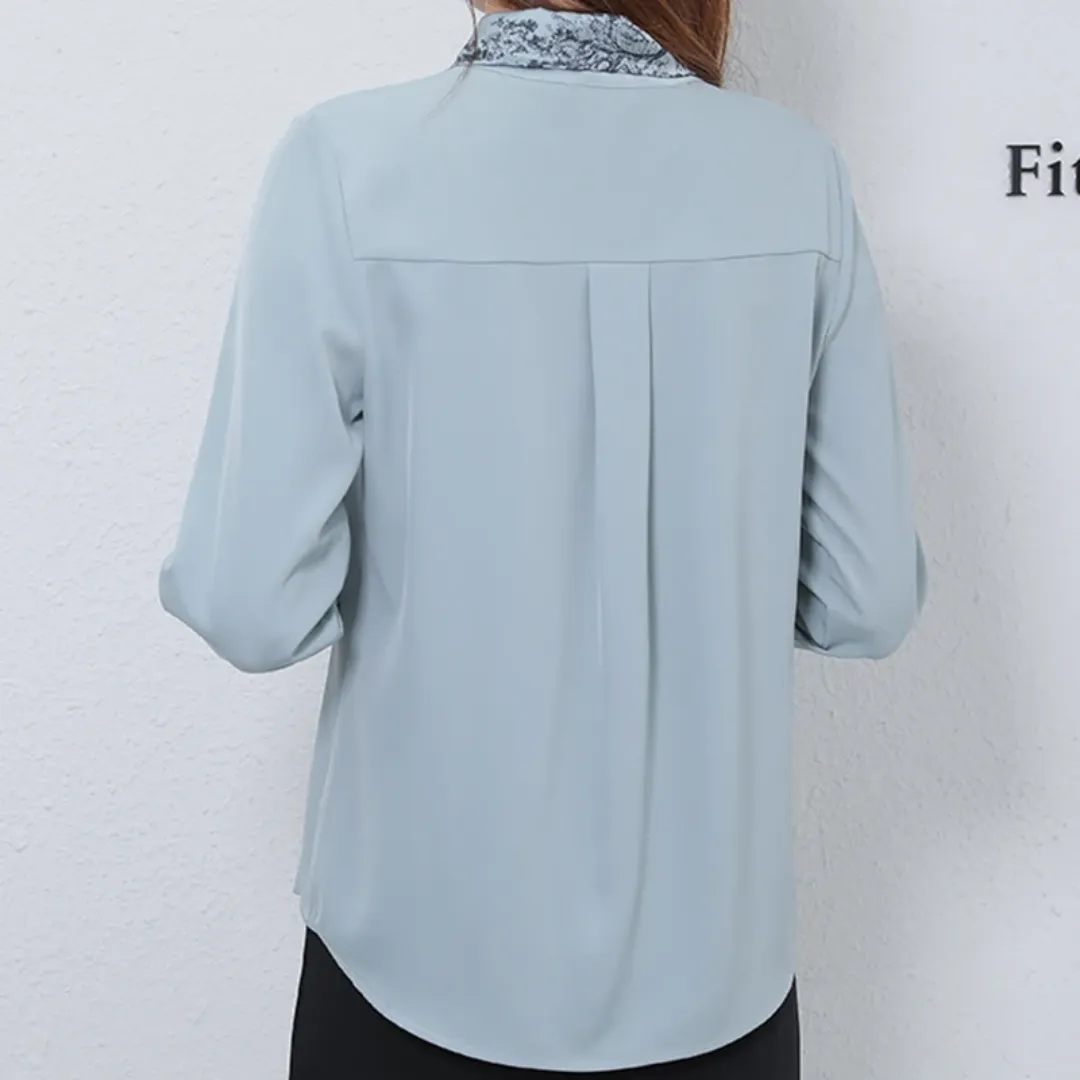 Bow V Neck Chiffon Blouse Women's Office Top - Long Sleeve Pullover