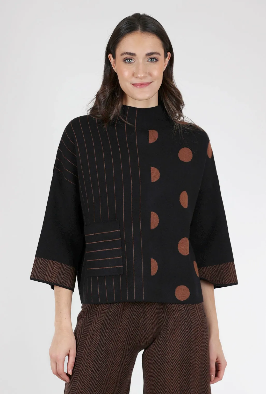 Boxy Stripes Dots Sweater, Chocolate