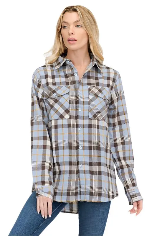 Boyfriend Fit Checker Plaid Flannel Shirts Long Sleeve