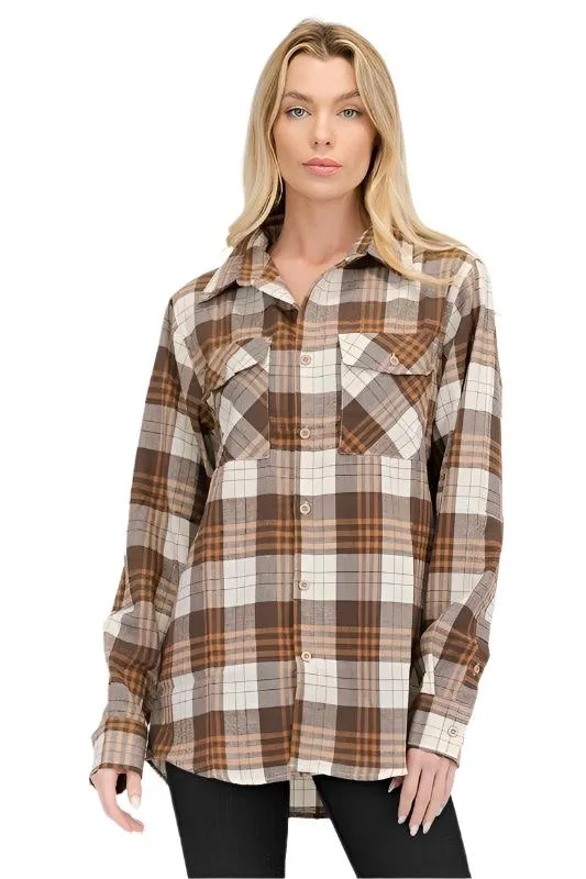 Boyfriend Fit Checker Plaid Flannel Shirts Long Sleeve