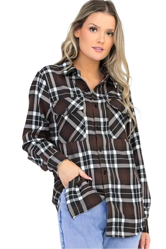 Boyfriend Fit Checker Plaid Flannel Shirts Long Sleeve