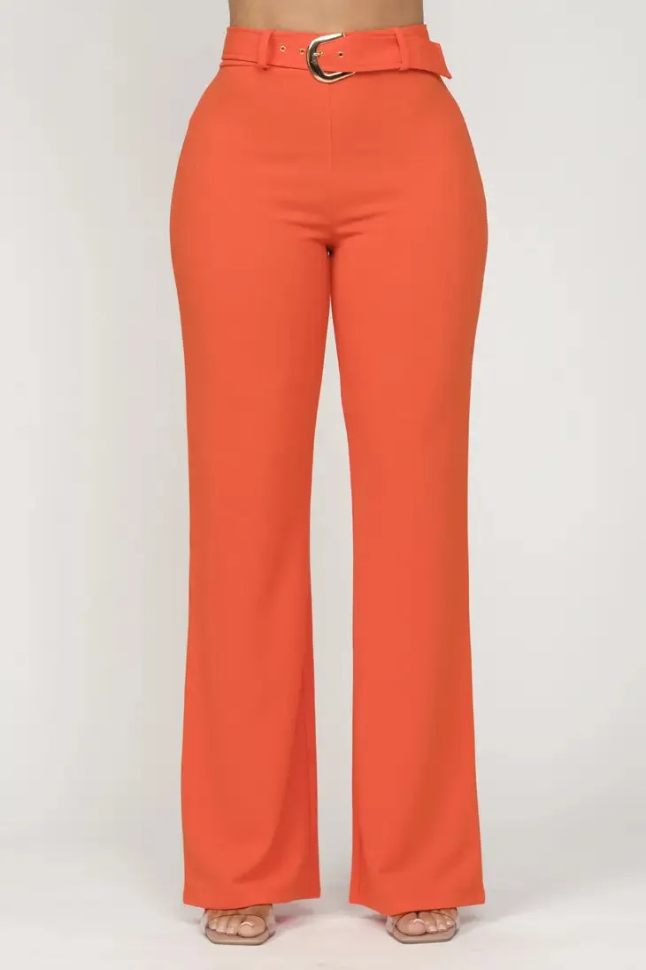 Bright Orange High Waisted Front Buckle Belt Pants