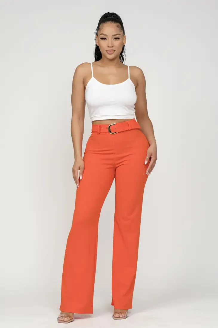 Bright Orange High Waisted Front Buckle Belt Pants