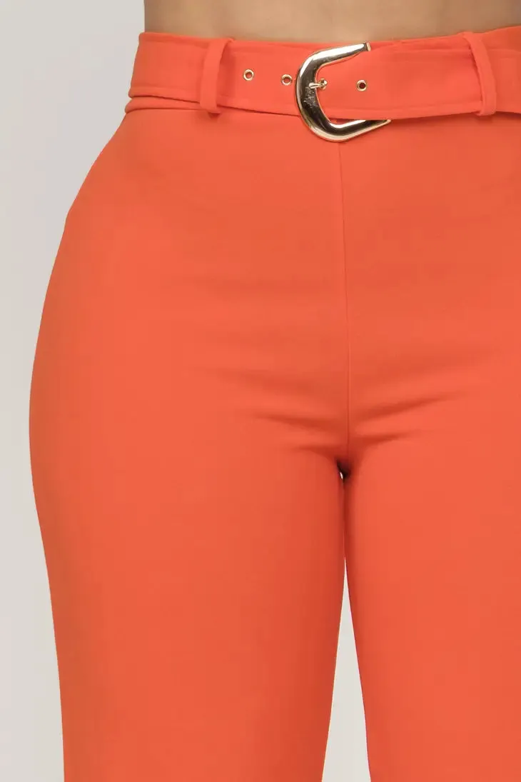 Bright Orange High Waisted Front Buckle Belt Pants