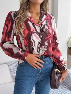 Casual All Over Print Notch Collar Button Long Sleeve Women's Blouse