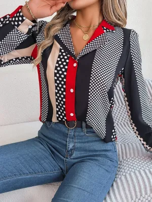 Casual Button Front Long Sleeve Stripe Polka Dot Print Women's Blouse