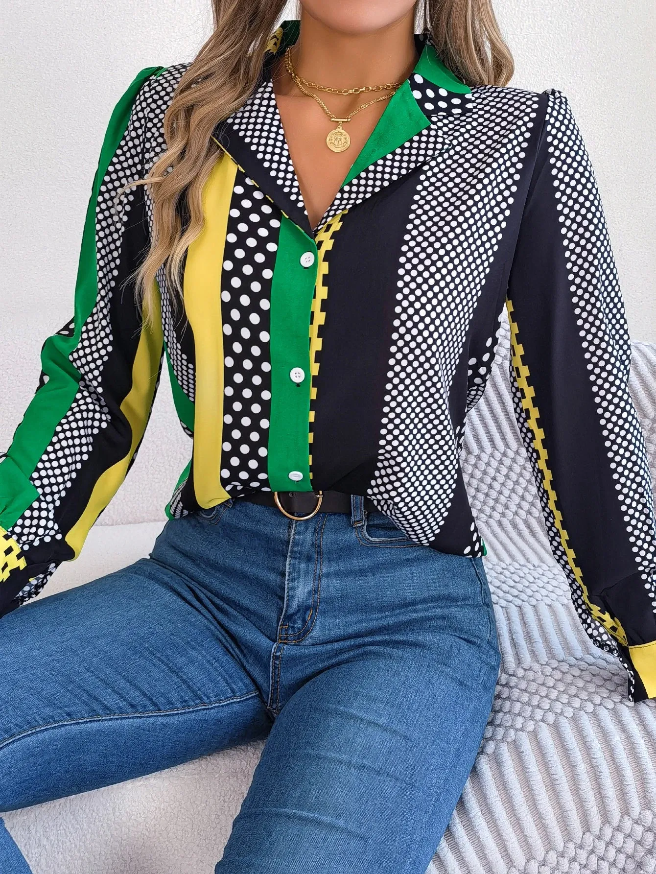 Casual Button Front Long Sleeve Stripe Polka Dot Print Women's Blouse