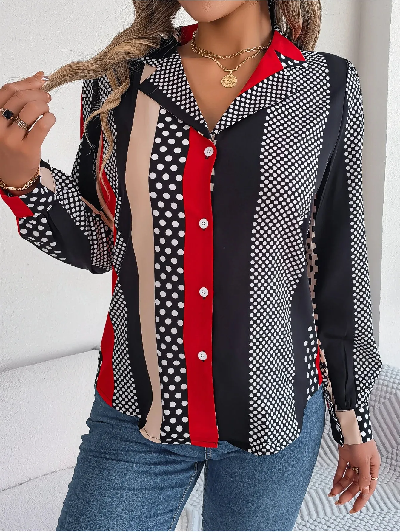 Casual Button Front Long Sleeve Stripe Polka Dot Print Women's Blouse