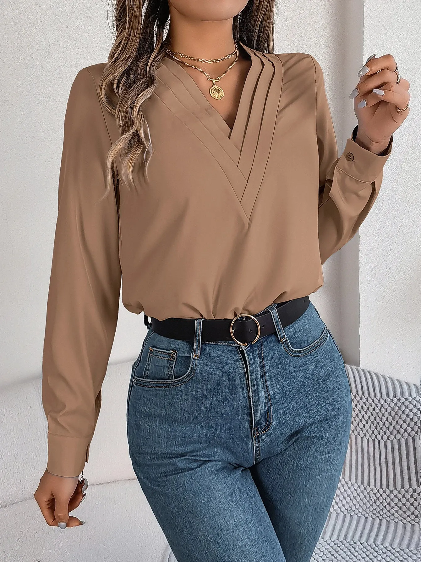 Casual Solid Color V Neck Long Sleeve Blouse