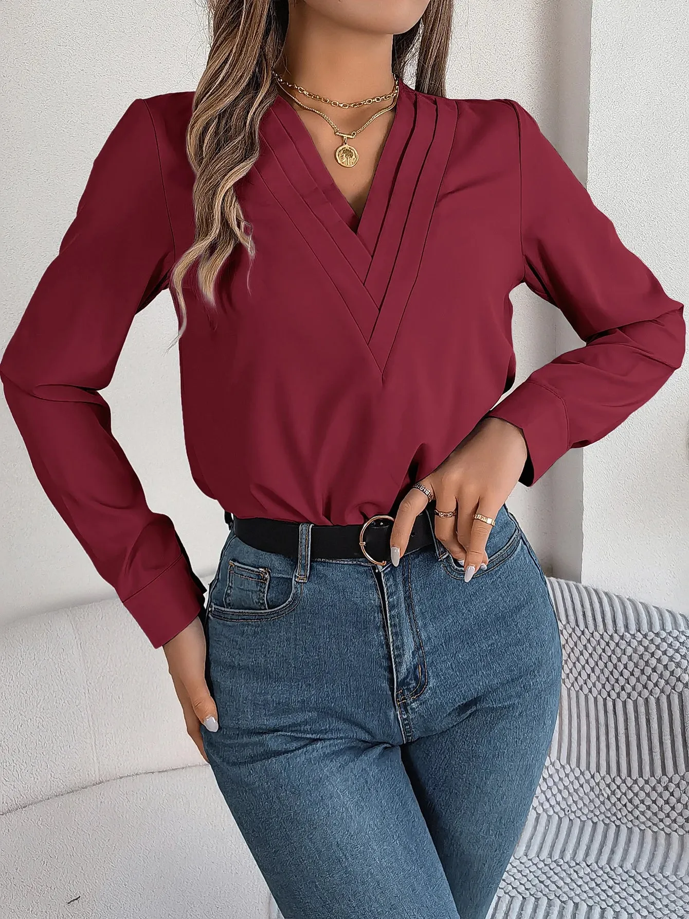 Casual Solid Color V Neck Long Sleeve Blouse