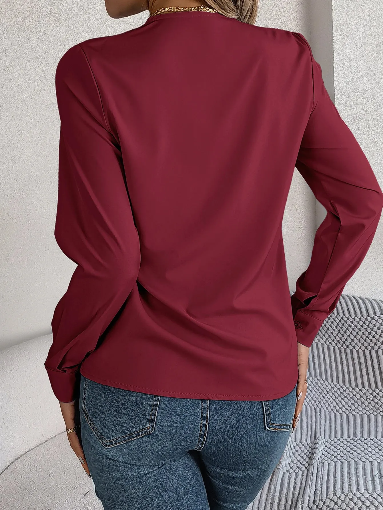 Casual Solid Color V Neck Long Sleeve Blouse