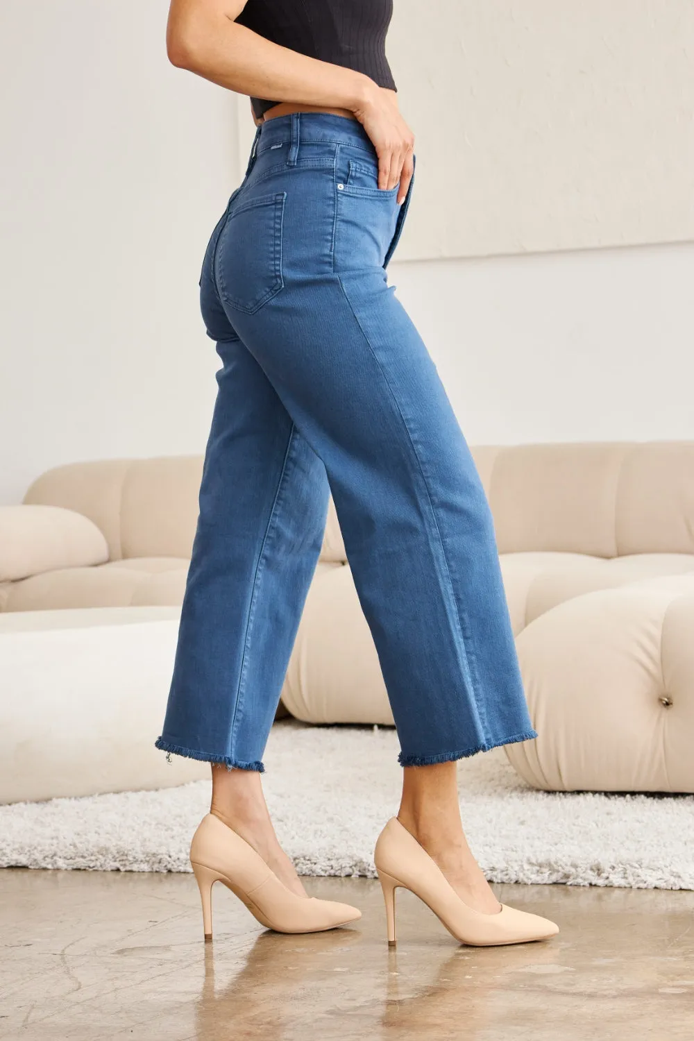 Chloe Crop Tummy Control High Waist Raw Hem Jeans - Blue