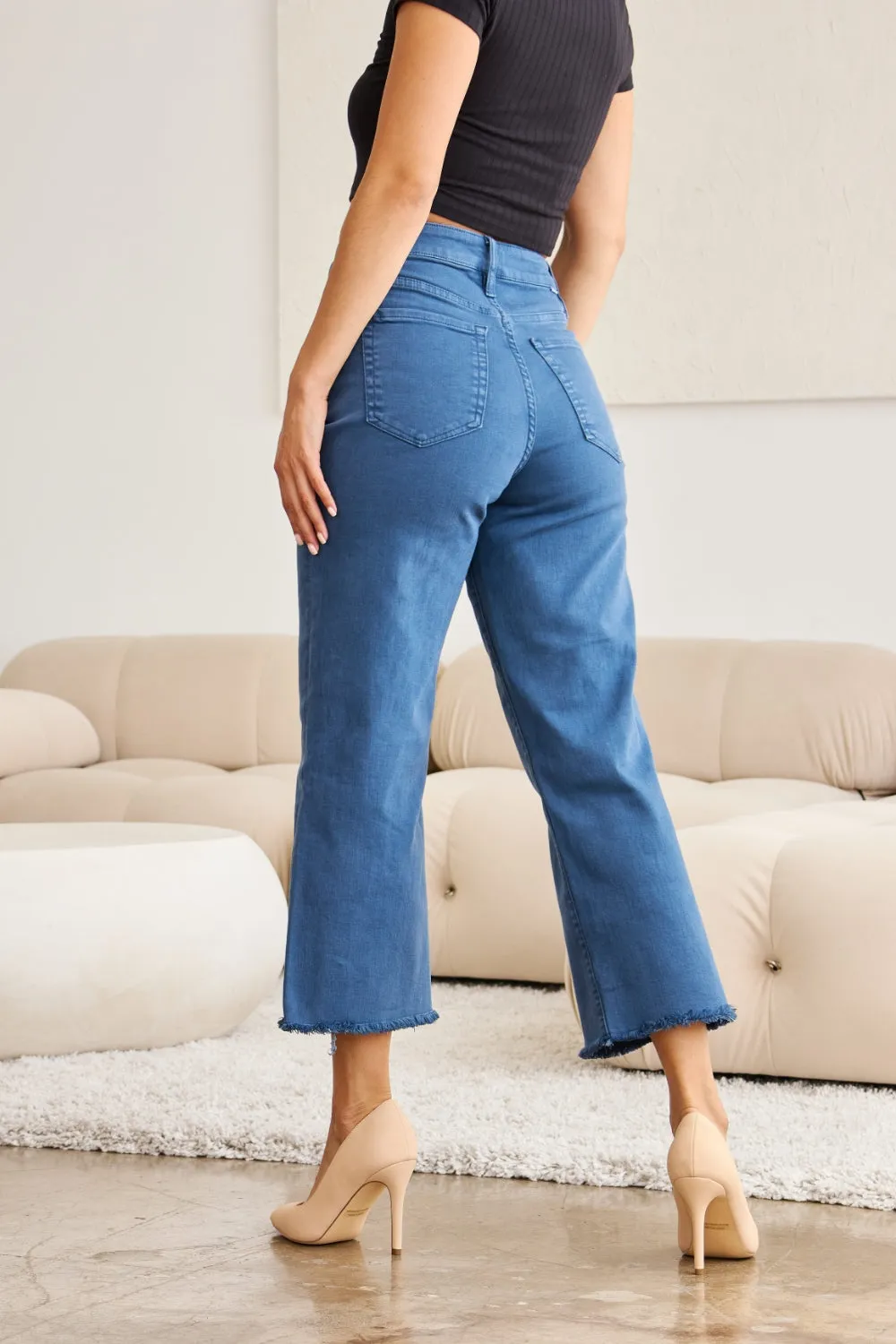 Chloe Crop Tummy Control High Waist Raw Hem Jeans - Blue