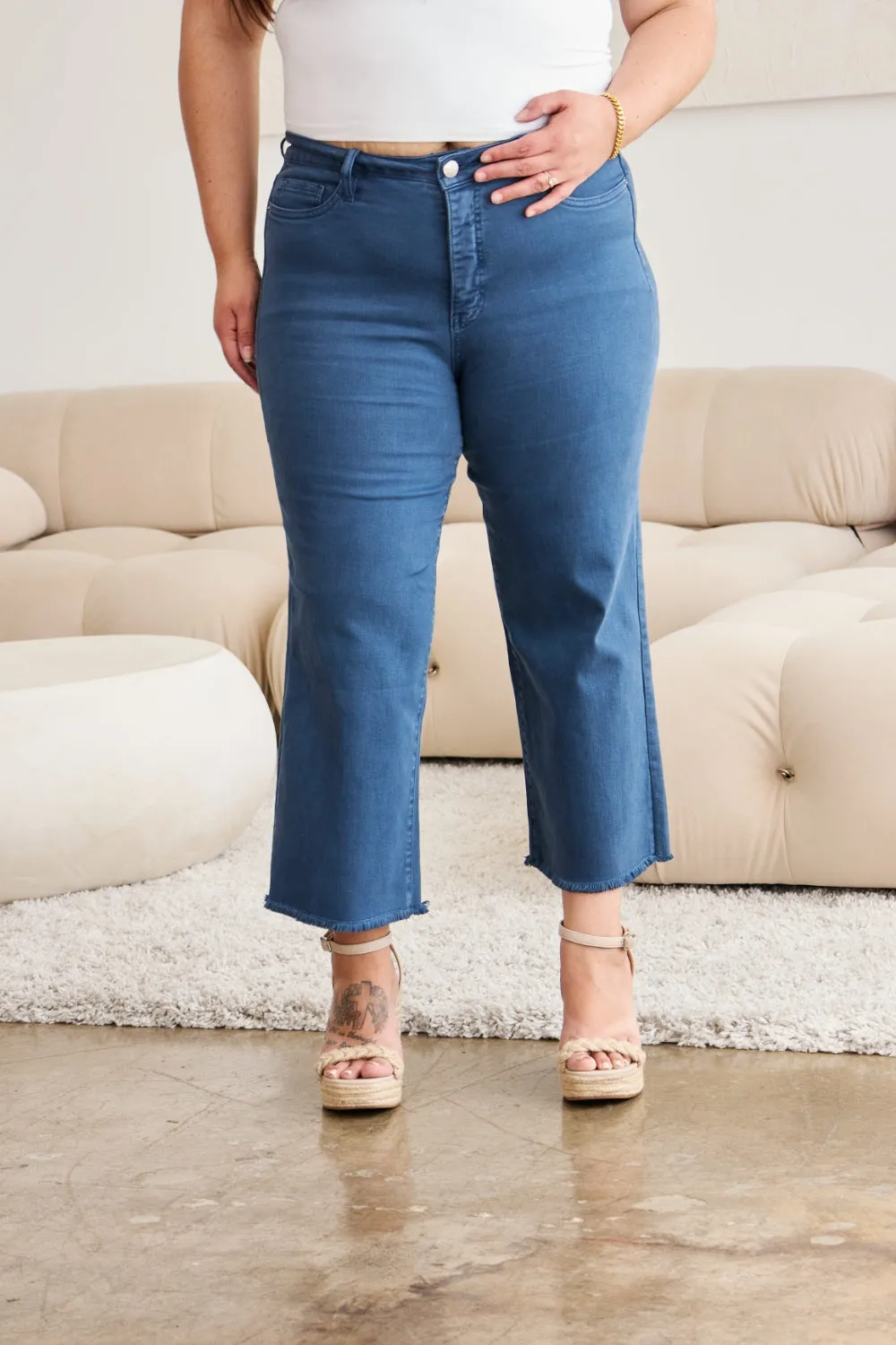 Chloe Crop Tummy Control High Waist Raw Hem Jeans - Blue